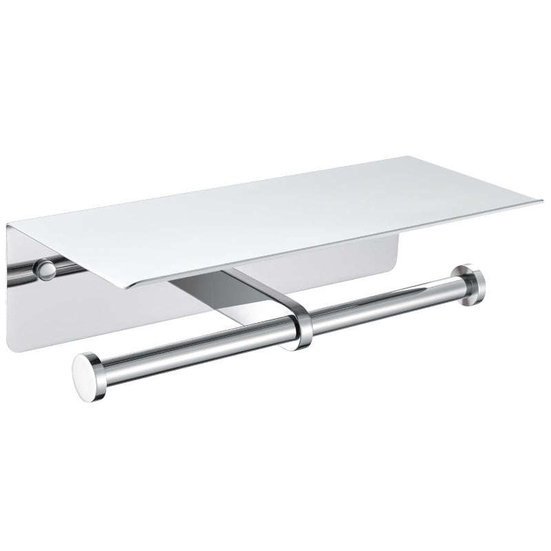 APLusee Double Toilet Paper Holder with Shelf Polished Chrome, APLusee SUS304 Stainless Steel Contemporary Bathroom Tissue Roll Holder Cell Phone Storage Rack - Image 1